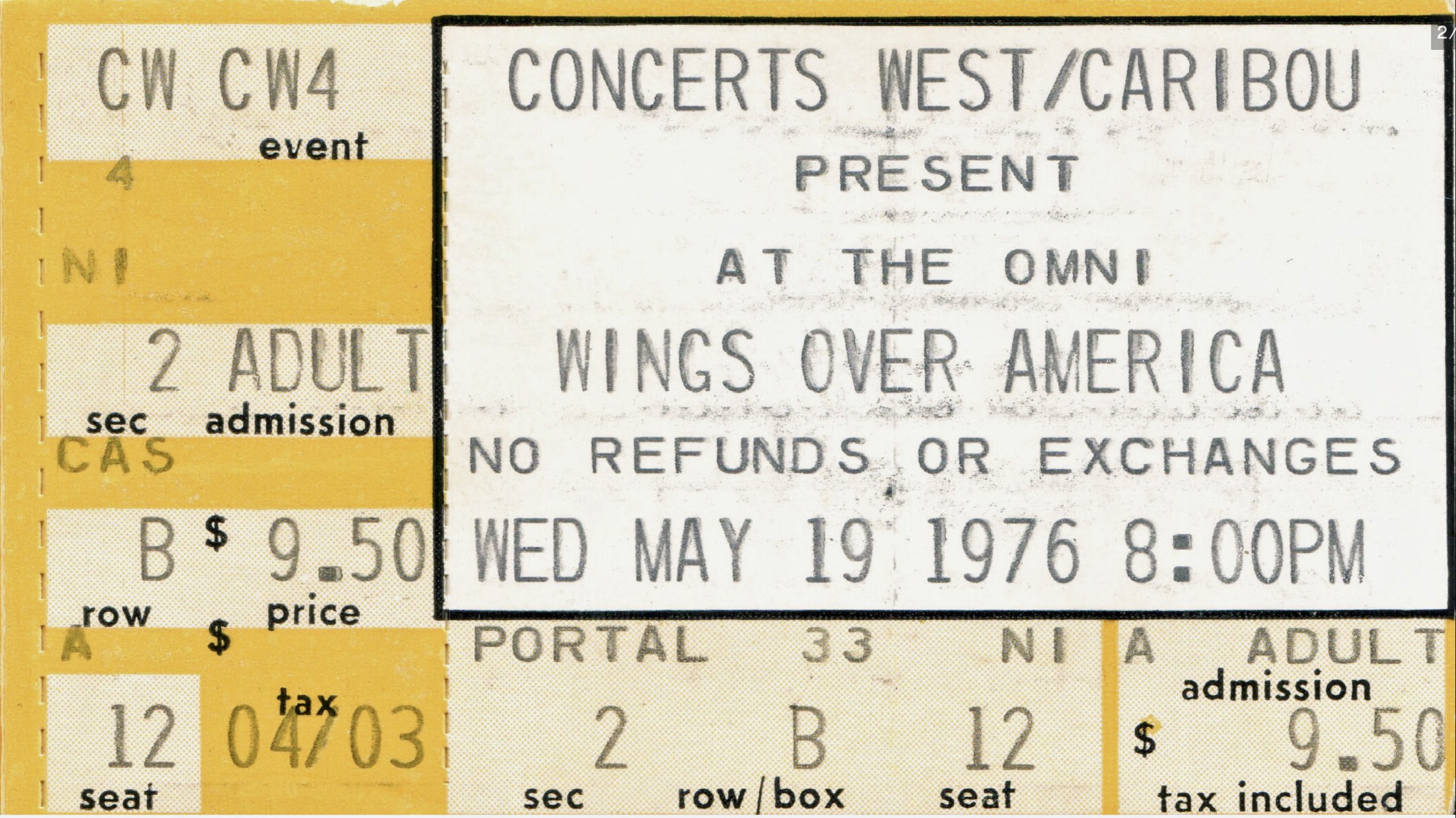 Ticket for the Atlanta concert of Wings Over America 
